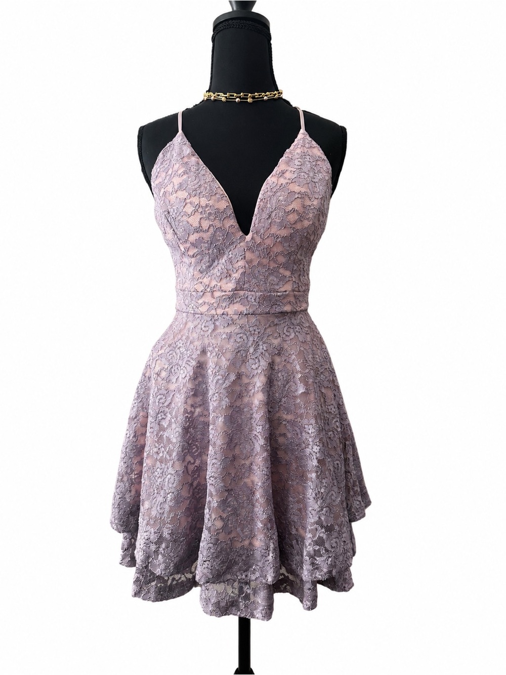 Small Lavender Sparkly Lace Homecoming Dress Open Back & Deep V-Neck